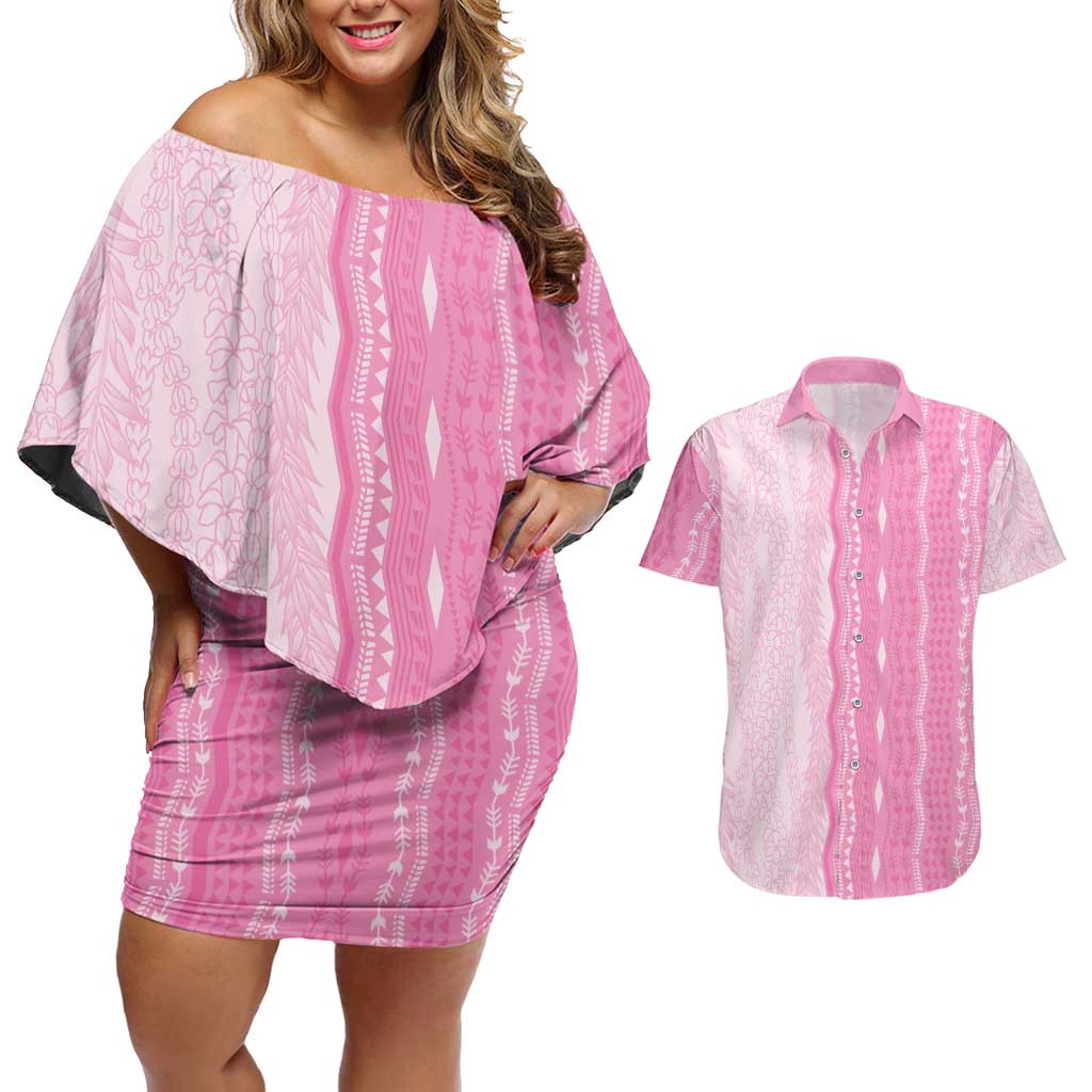 Vintage Pink Hawaiian Traditional Kapa Mix Flowers Lei Couples Matching Off Shoulder Short Dress and Hawaiian Shirt