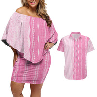 Vintage Pink Hawaiian Traditional Kapa Mix Flowers Lei Couples Matching Off Shoulder Short Dress and Hawaiian Shirt