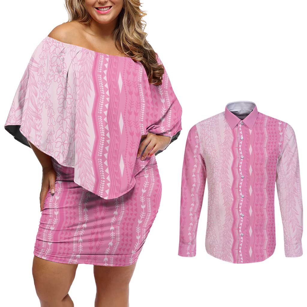 Vintage Pink Hawaiian Traditional Kapa Mix Flowers Lei Couples Matching Off Shoulder Short Dress and Long Sleeve Button Shirt LT7 Pink - Polynesian Pride