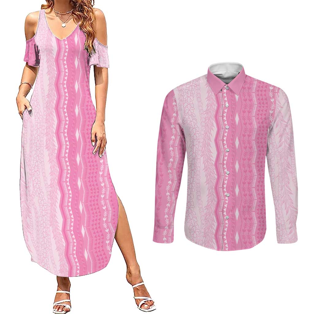 Vintage Pink Hawaiian Traditional Kapa Mix Flowers Lei Couples Matching Summer Maxi Dress and Long Sleeve Button Shirt
