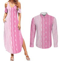 Vintage Pink Hawaiian Traditional Kapa Mix Flowers Lei Couples Matching Summer Maxi Dress and Long Sleeve Button Shirt
