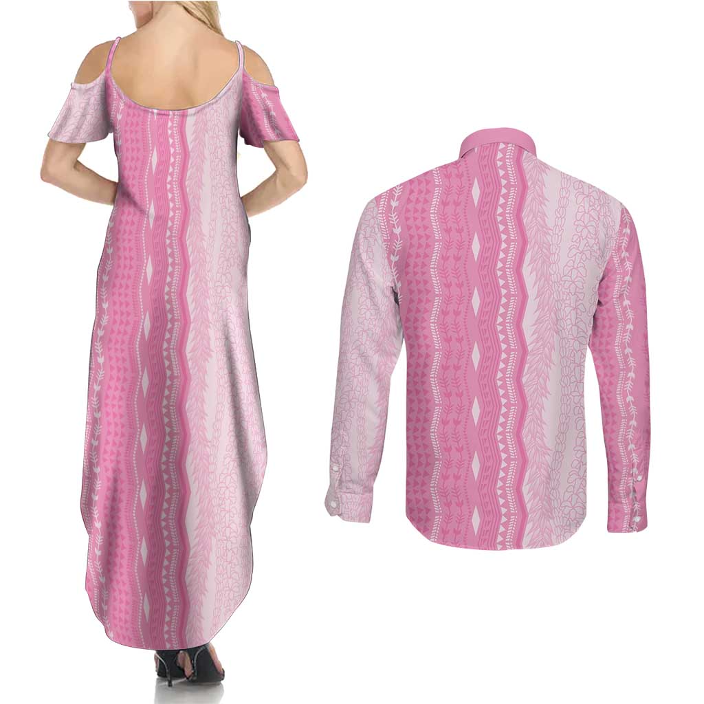 Vintage Pink Hawaiian Traditional Kapa Mix Flowers Lei Couples Matching Summer Maxi Dress and Long Sleeve Button Shirt