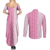 Vintage Pink Hawaiian Traditional Kapa Mix Flowers Lei Couples Matching Summer Maxi Dress and Long Sleeve Button Shirt