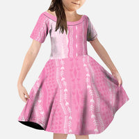 Vintage Pink Hawaiian Traditional Kapa Mix Flowers Lei Family Matching Off Shoulder Short Dress and Hawaiian Shirt