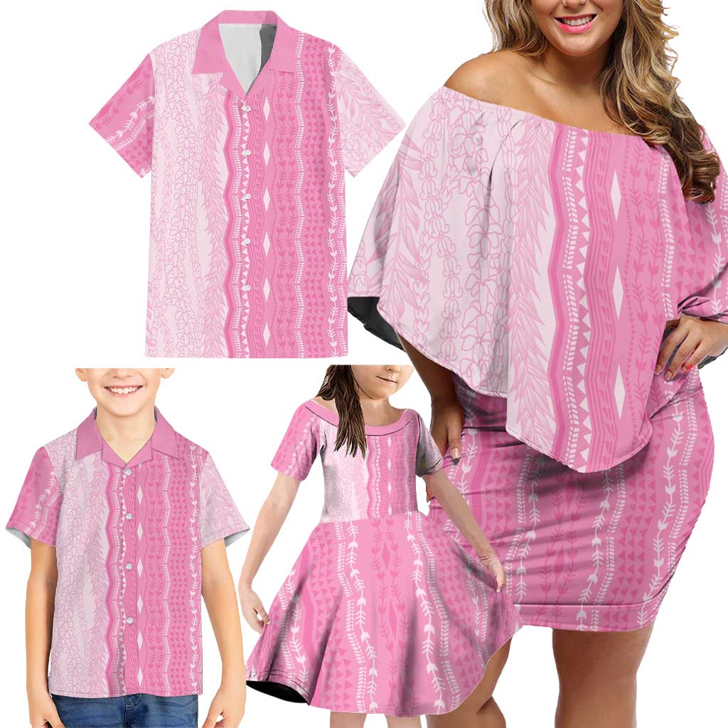 Vintage Pink Hawaiian Traditional Kapa Mix Flowers Lei Family Matching Off Shoulder Short Dress and Hawaiian Shirt