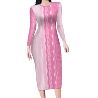 Vintage Pink Hawaiian Traditional Kapa Mix Flowers Lei Long Sleeve Bodycon Dress