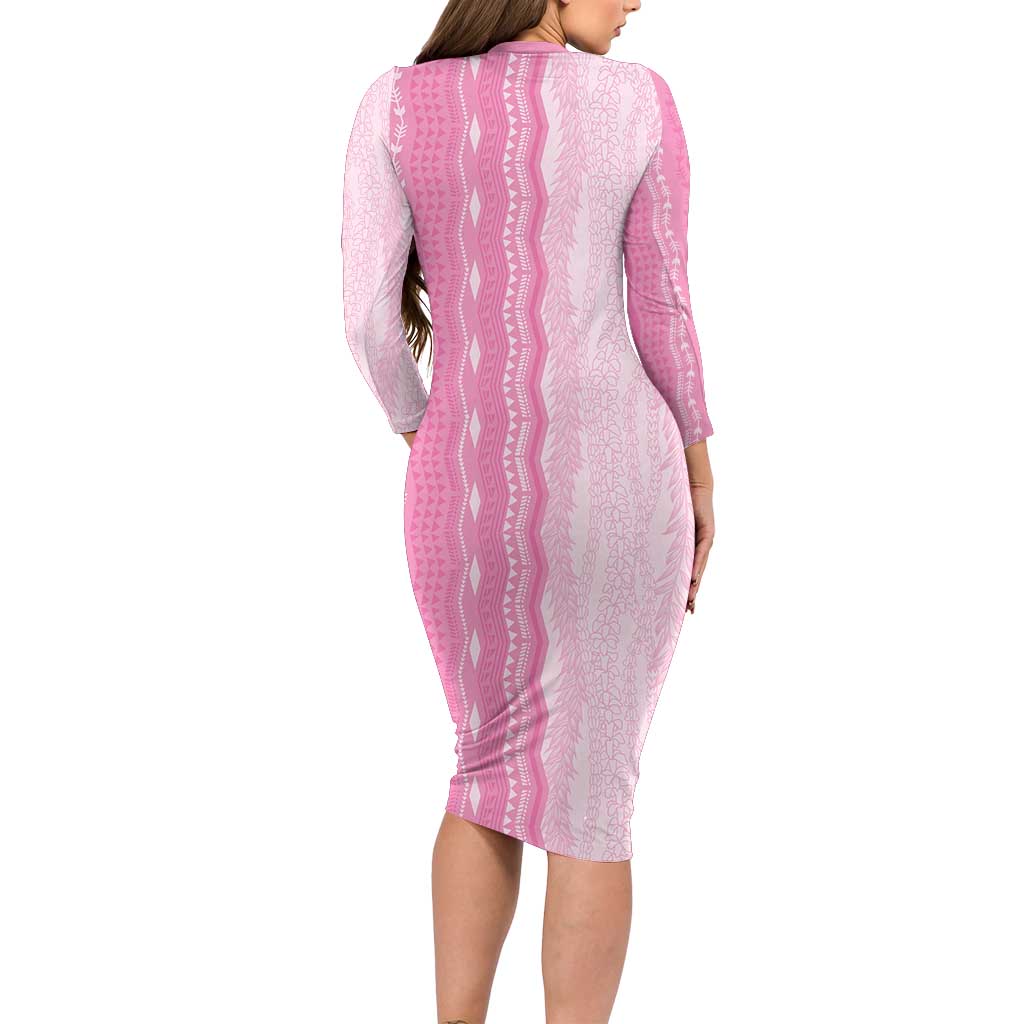 Vintage Pink Hawaiian Traditional Kapa Mix Flowers Lei Long Sleeve Bodycon Dress
