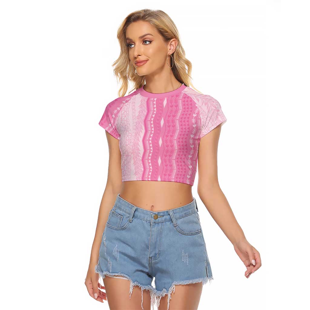 Vintage Pink Hawaiian Traditional Kapa Mix Flowers Lei Raglan Cropped T Shirt LT7 Female Pink - Polynesian Pride