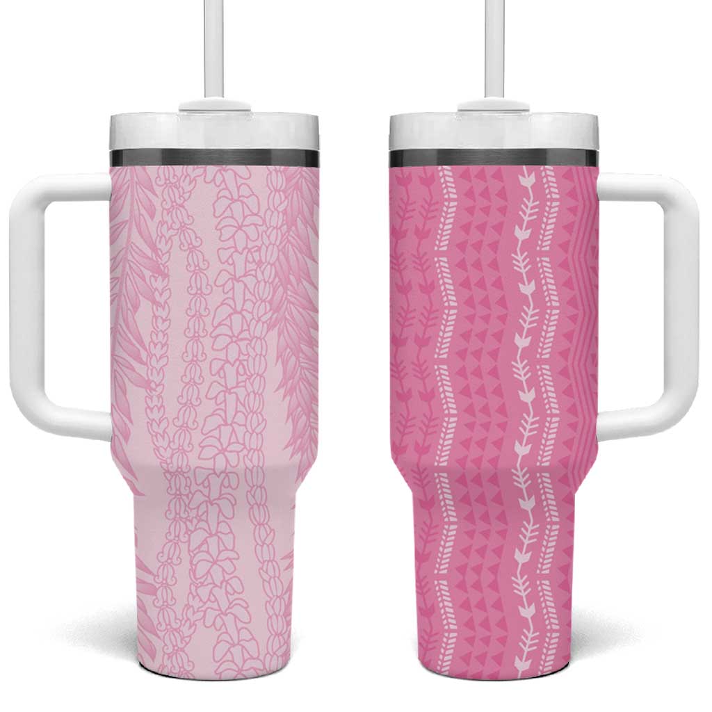 Vintage Pink Hawaiian Traditional Kapa Mix Flowers Lei Tumbler With Handle