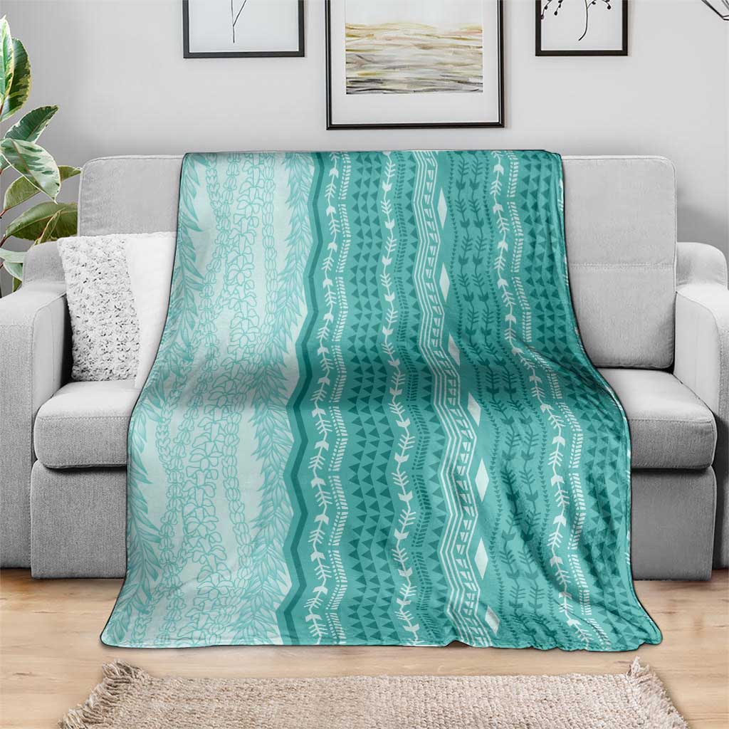 Vintage Teal Hawaiian Traditional Kapa Mix Flowers Lei Blanket