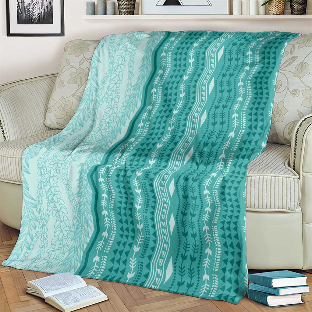Vintage Teal Hawaiian Traditional Kapa Mix Flowers Lei Blanket