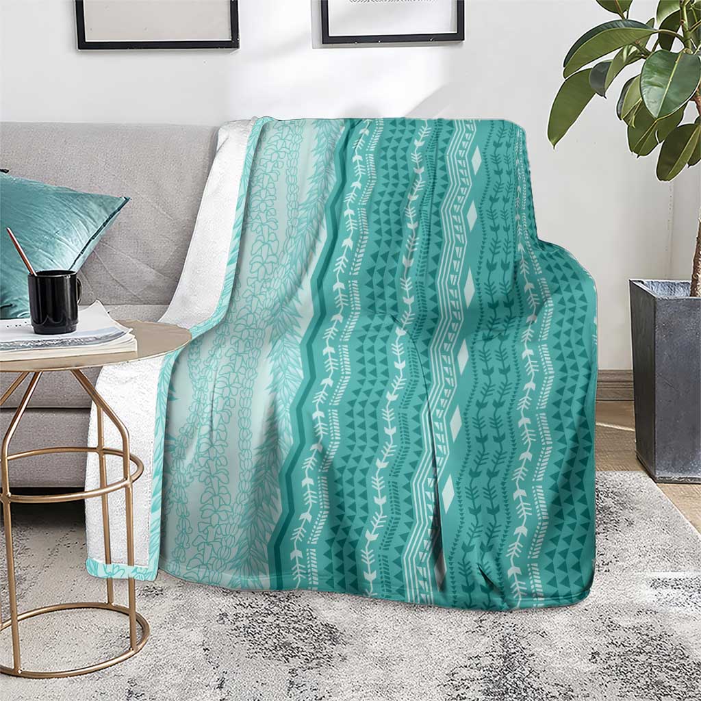Vintage Teal Hawaiian Traditional Kapa Mix Flowers Lei Blanket