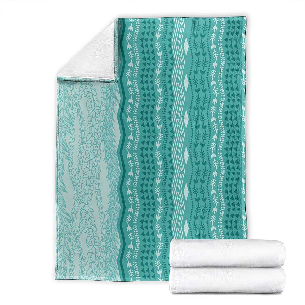 Vintage Teal Hawaiian Traditional Kapa Mix Flowers Lei Blanket