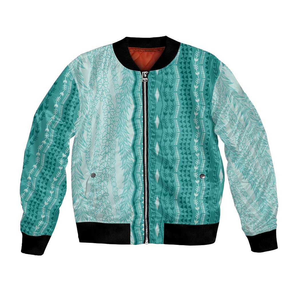 Vintage Teal Hawaiian Traditional Kapa Mix Flowers Lei Bomber Jacket