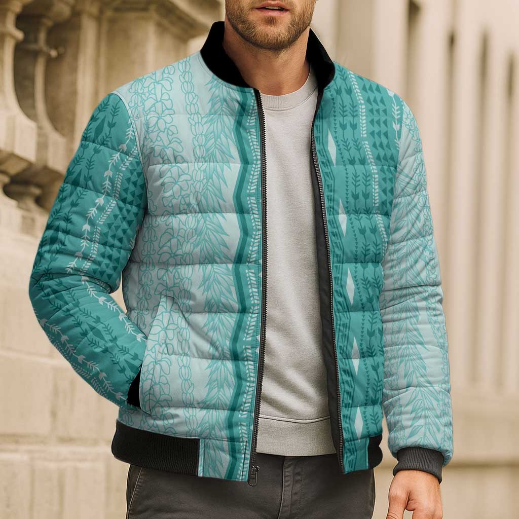 Vintage Teal Hawaiian Traditional Kapa Mix Flowers Lei Bomber Puffer Jacket