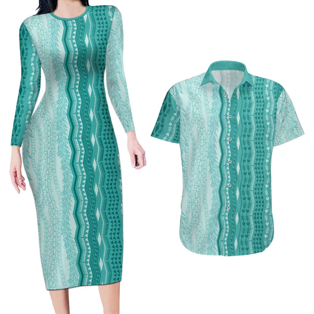 Vintage Teal Hawaiian Traditional Kapa Mix Flowers Lei Couples Matching Long Sleeve Bodycon Dress and Hawaiian Shirt