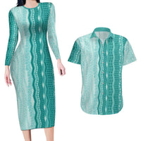 Vintage Teal Hawaiian Traditional Kapa Mix Flowers Lei Couples Matching Long Sleeve Bodycon Dress and Hawaiian Shirt