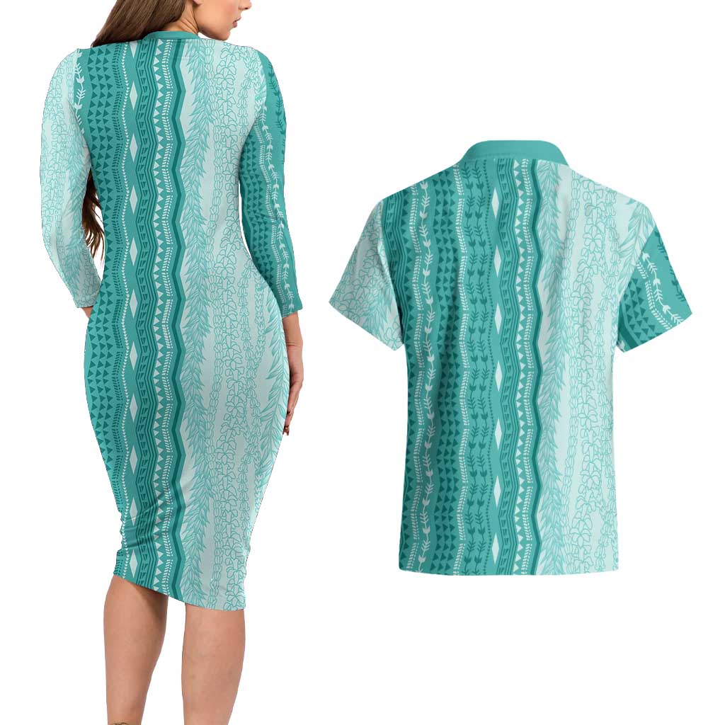 Vintage Teal Hawaiian Traditional Kapa Mix Flowers Lei Couples Matching Long Sleeve Bodycon Dress and Hawaiian Shirt