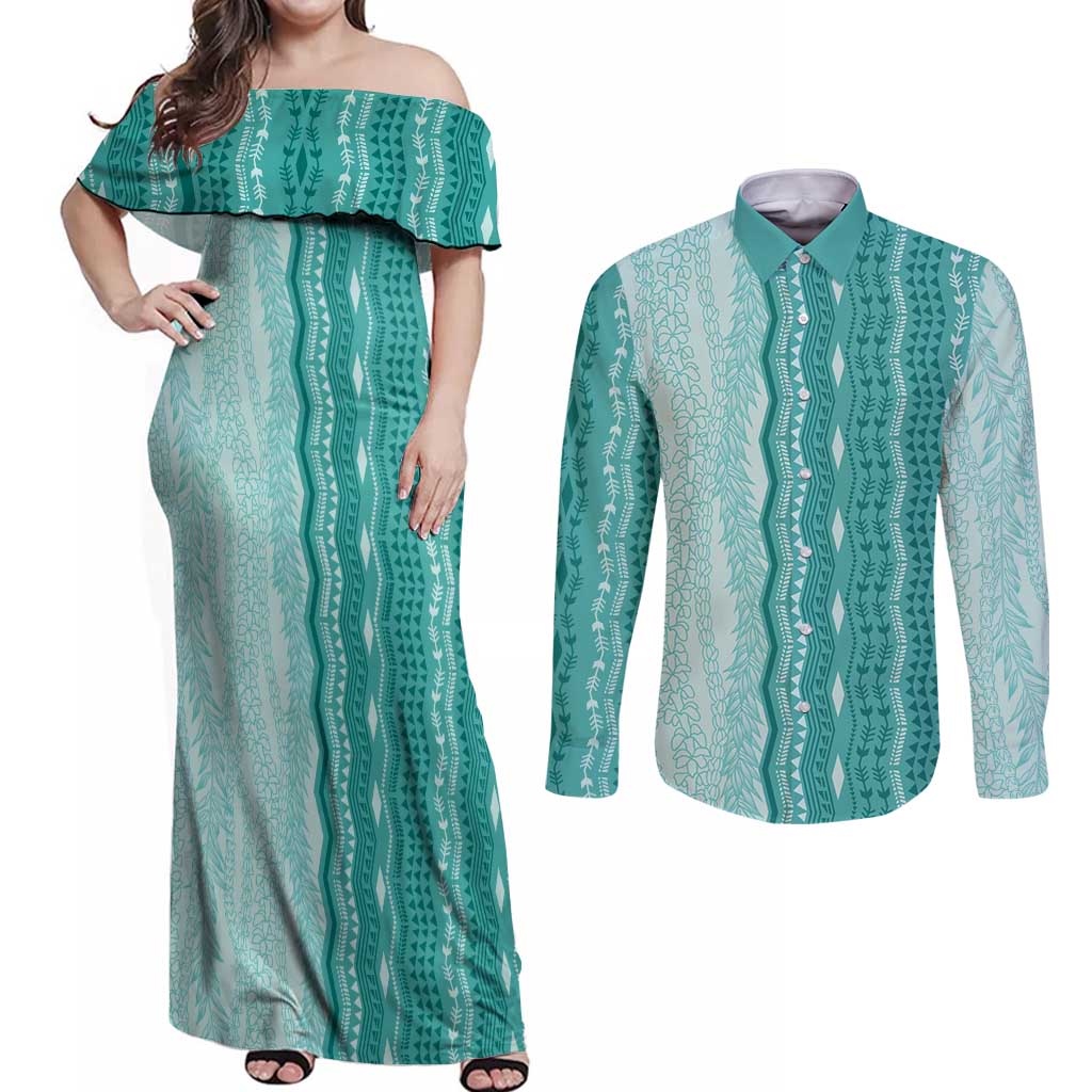 Vintage Teal Hawaiian Traditional Kapa Mix Flowers Lei Couples Matching Off Shoulder Maxi Dress and Long Sleeve Button Shirt
