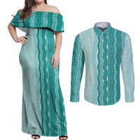 Vintage Teal Hawaiian Traditional Kapa Mix Flowers Lei Couples Matching Off Shoulder Maxi Dress and Long Sleeve Button Shirt