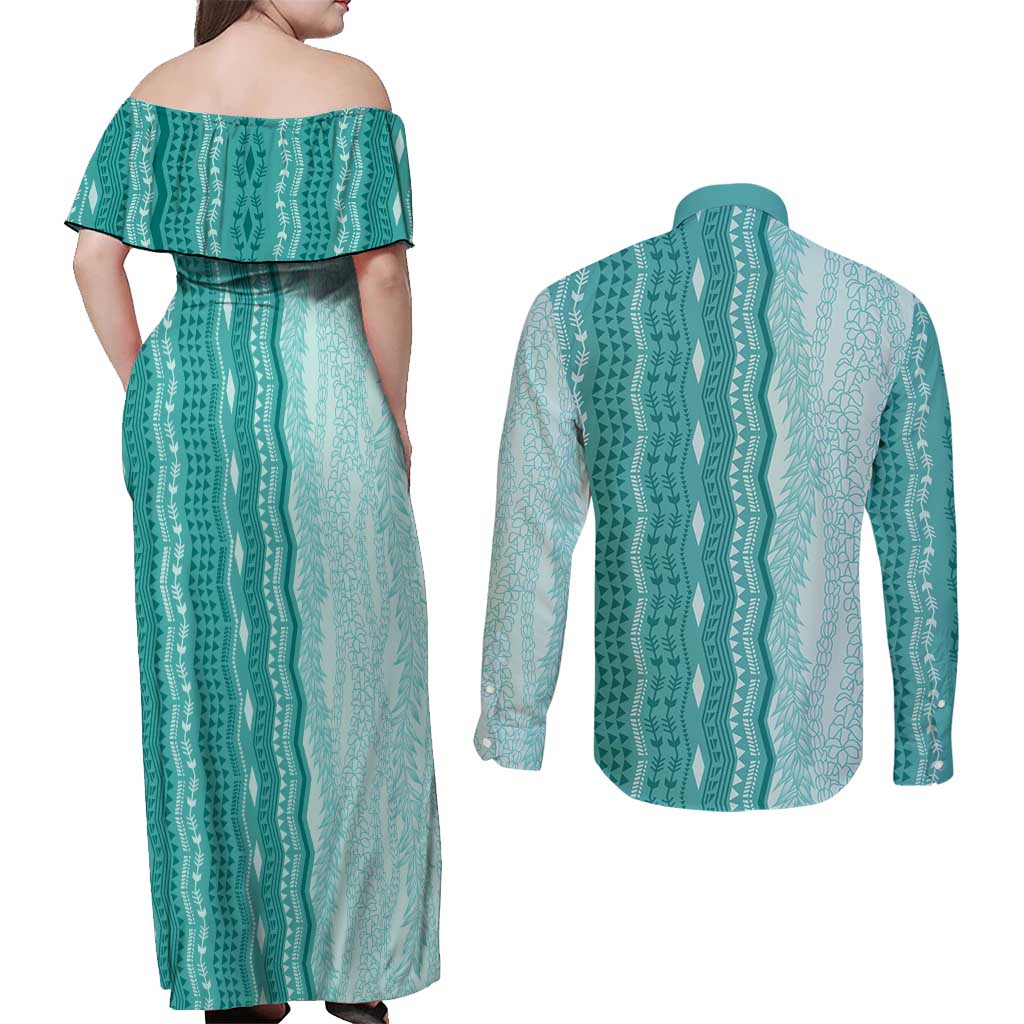 Vintage Teal Hawaiian Traditional Kapa Mix Flowers Lei Couples Matching Off Shoulder Maxi Dress and Long Sleeve Button Shirt