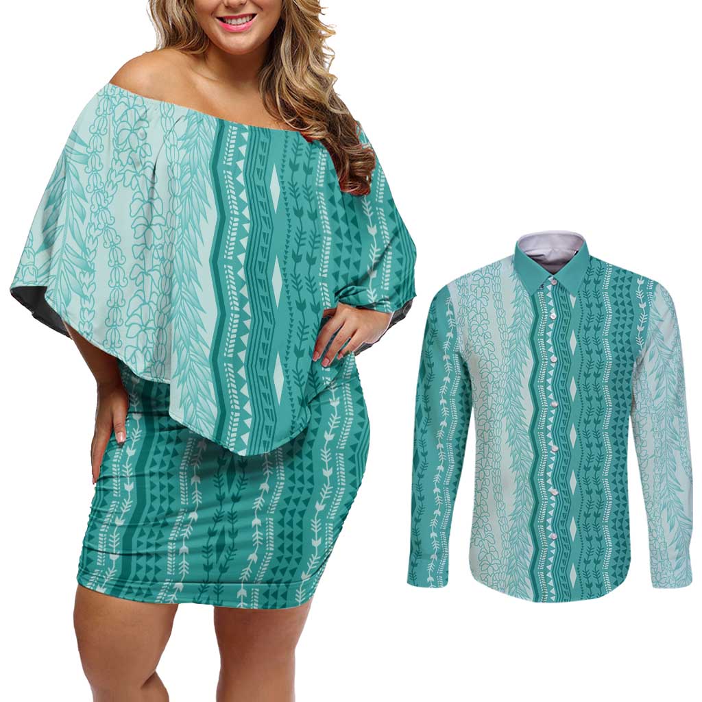Vintage Teal Hawaiian Traditional Kapa Mix Flowers Lei Couples Matching Off Shoulder Short Dress and Long Sleeve Button Shirt LT7 Teal - Polynesian Pride