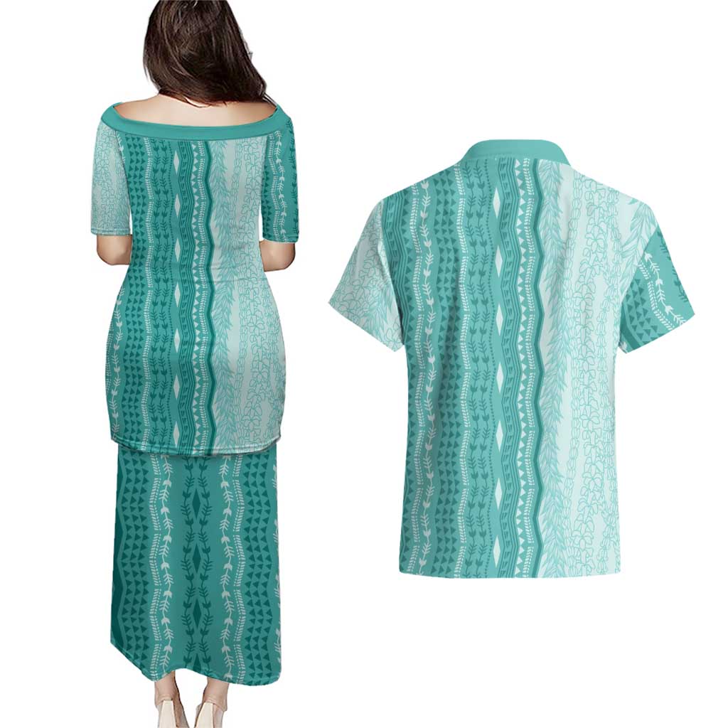 Vintage Teal Hawaiian Traditional Kapa Mix Flowers Lei Couples Matching Puletasi and Hawaiian Shirt