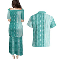 Vintage Teal Hawaiian Traditional Kapa Mix Flowers Lei Couples Matching Puletasi and Hawaiian Shirt