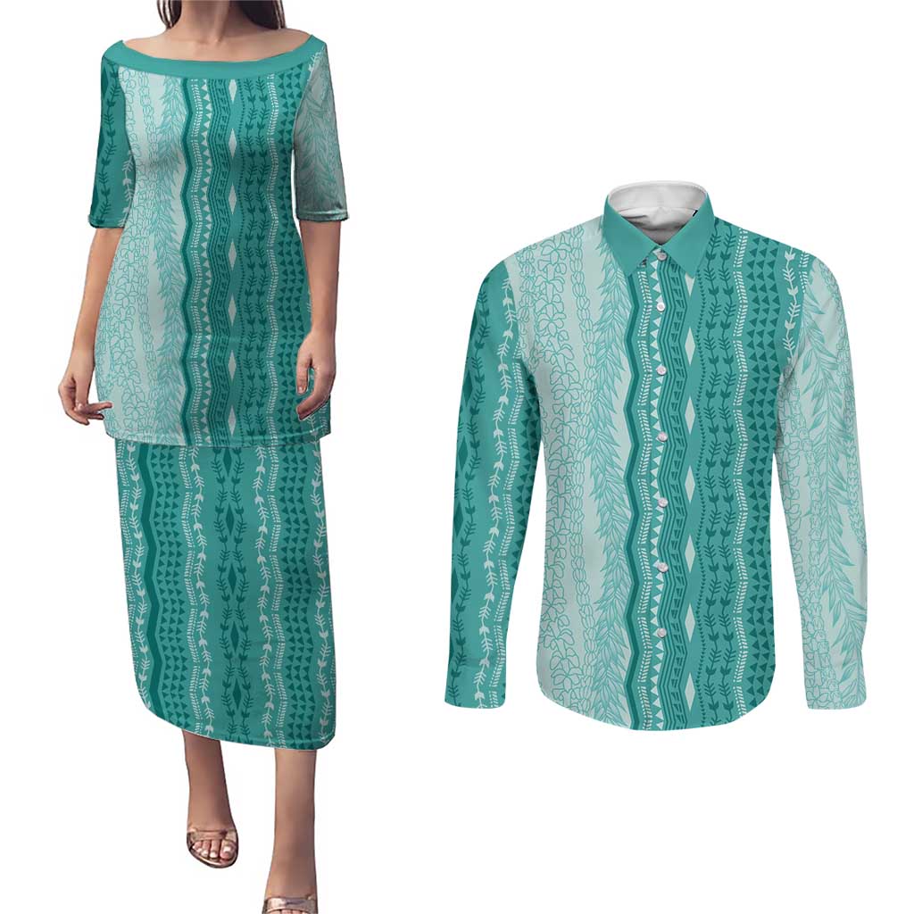 Vintage Teal Hawaiian Traditional Kapa Mix Flowers Lei Couples Matching Puletasi and Long Sleeve Button Shirt