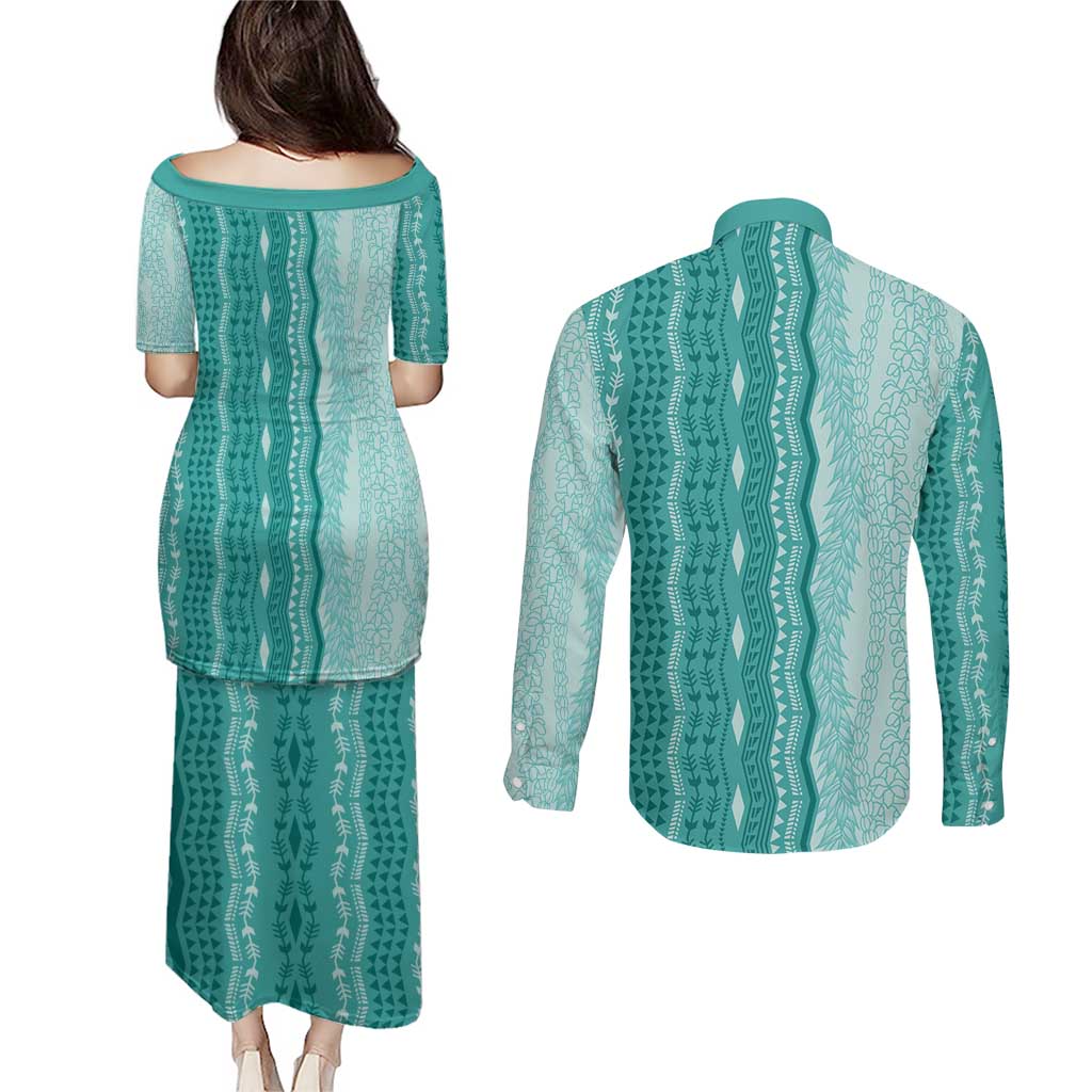 Vintage Teal Hawaiian Traditional Kapa Mix Flowers Lei Couples Matching Puletasi and Long Sleeve Button Shirt