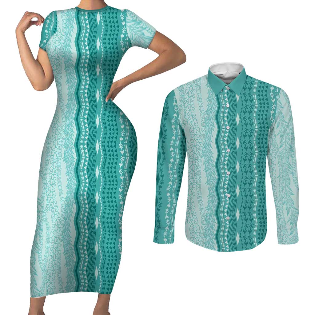 Vintage Teal Hawaiian Traditional Kapa Mix Flowers Lei Couples Matching Short Sleeve Bodycon Dress and Long Sleeve Button Shirt LT7 Teal - Polynesian Pride