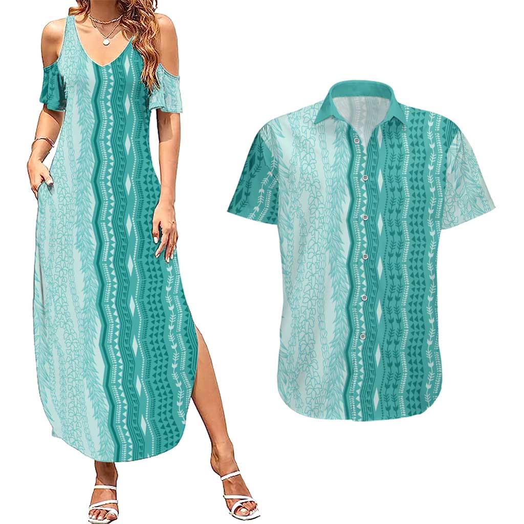 Vintage Teal Hawaiian Traditional Kapa Mix Flowers Lei Couples Matching Summer Maxi Dress and Hawaiian Shirt