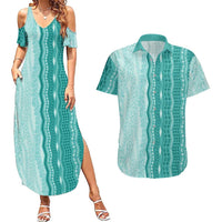 Vintage Teal Hawaiian Traditional Kapa Mix Flowers Lei Couples Matching Summer Maxi Dress and Hawaiian Shirt