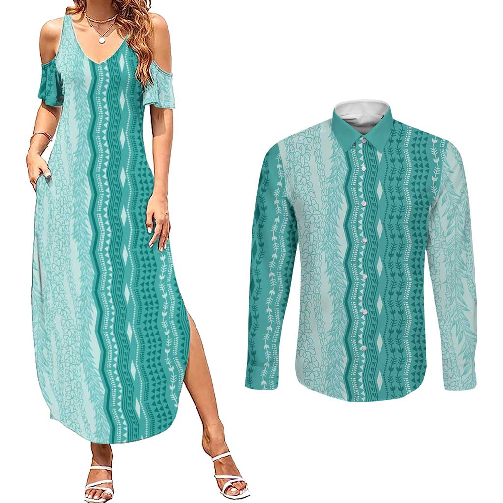 Vintage Teal Hawaiian Traditional Kapa Mix Flowers Lei Couples Matching Summer Maxi Dress and Long Sleeve Button Shirt