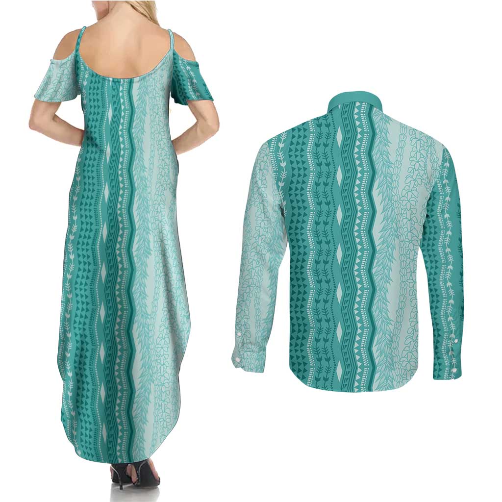 Vintage Teal Hawaiian Traditional Kapa Mix Flowers Lei Couples Matching Summer Maxi Dress and Long Sleeve Button Shirt