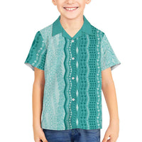 Vintage Teal Hawaiian Traditional Kapa Mix Flowers Lei Family Matching Off Shoulder Short Dress and Hawaiian Shirt LT7 Son's Shirt Teal - Polynesian Pride