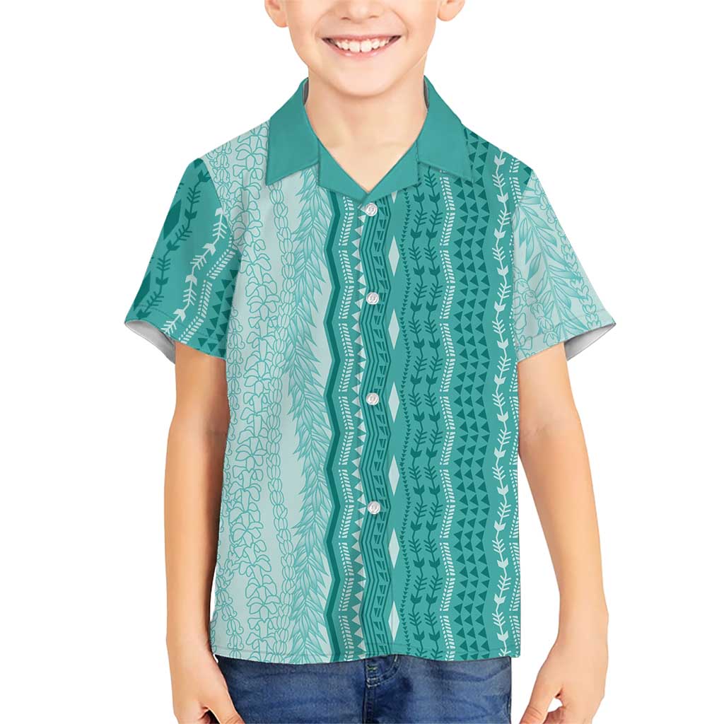 Vintage Teal Hawaiian Traditional Kapa Mix Flowers Lei Family Matching Summer Maxi Dress and Hawaiian Shirt LT7 Son's Shirt Teal - Polynesian Pride