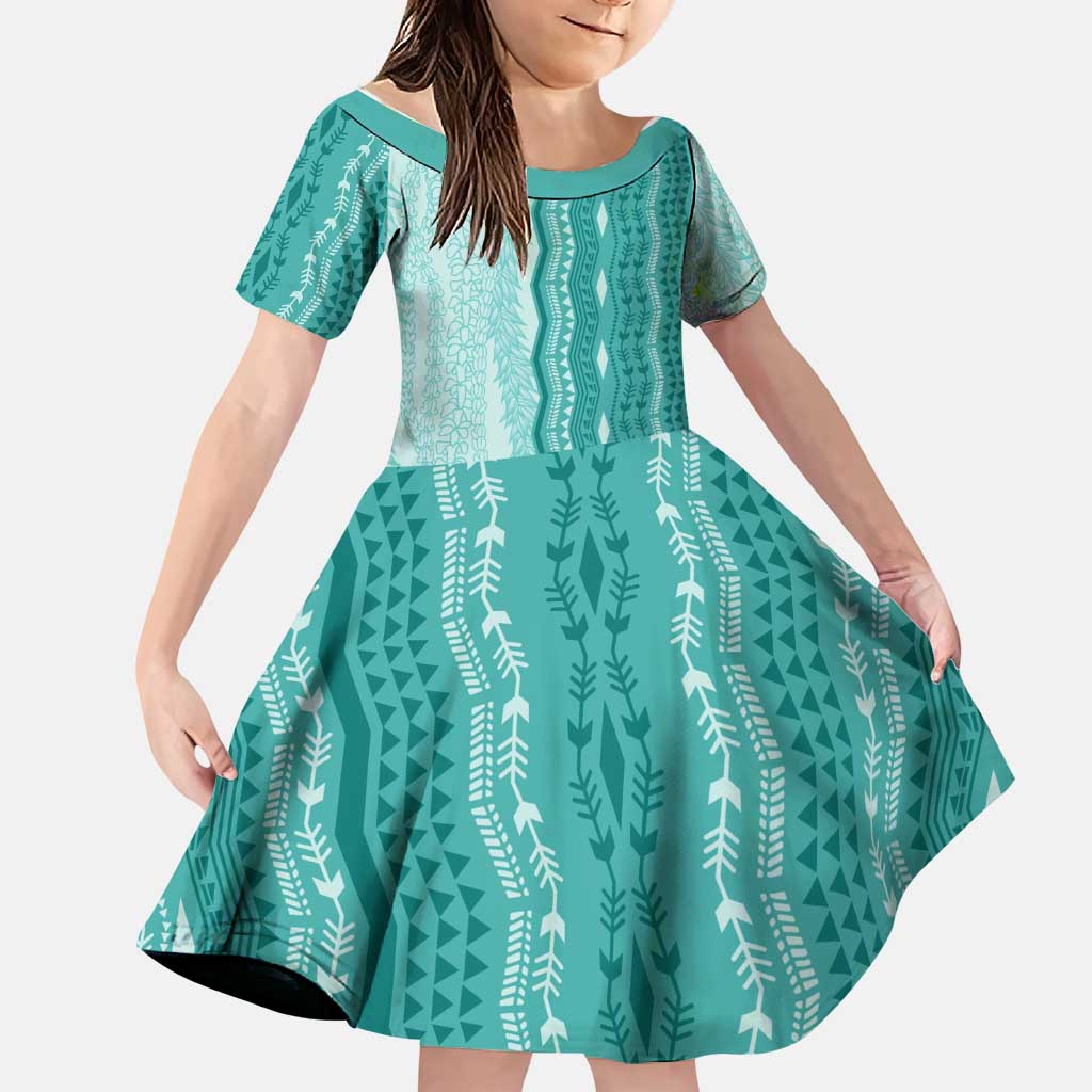 Vintage Teal Hawaiian Traditional Kapa Mix Flowers Lei Family Matching Tank Maxi Dress and Hawaiian Shirt LT7 Daughter's Dress Teal - Polynesian Pride