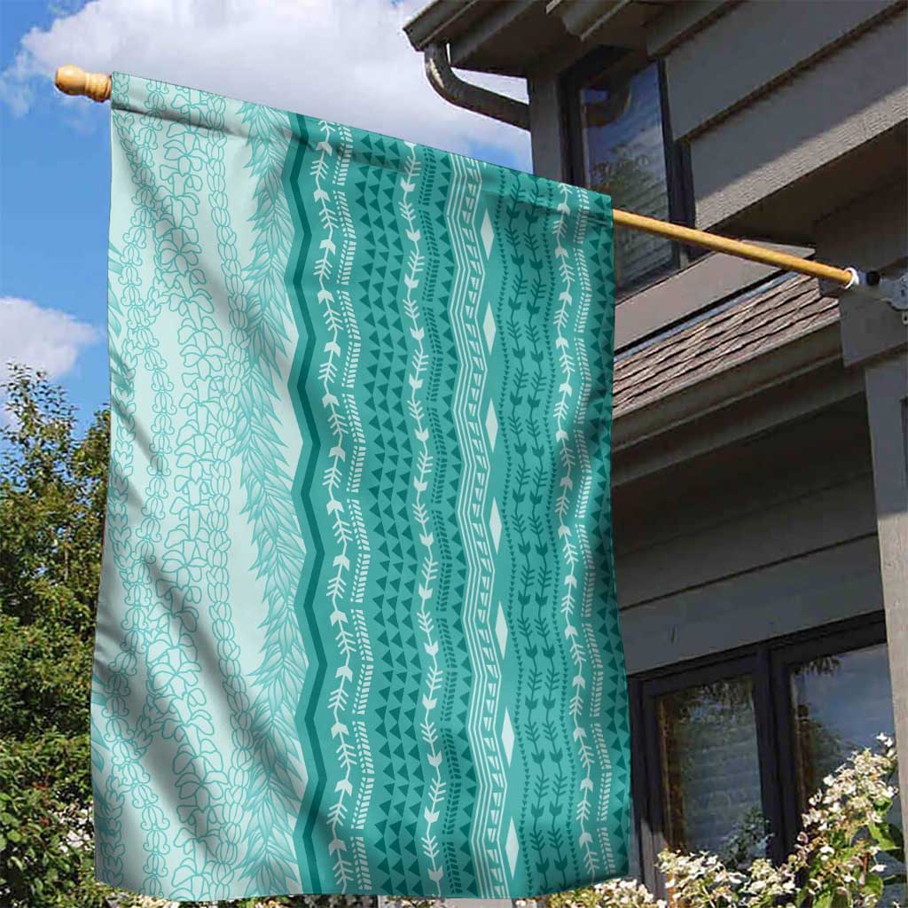 Vintage Teal Hawaiian Traditional Kapa Mix Flowers Lei Garden Flag