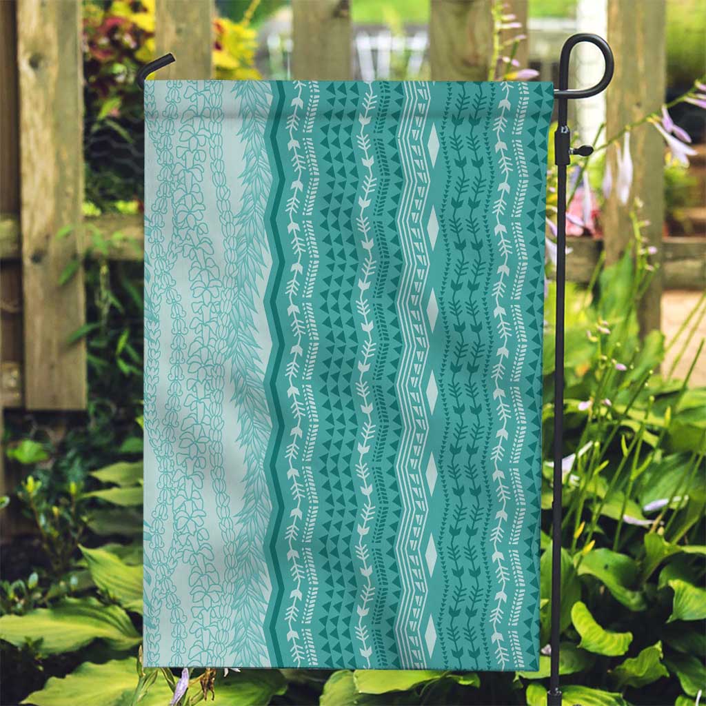 Vintage Teal Hawaiian Traditional Kapa Mix Flowers Lei Garden Flag