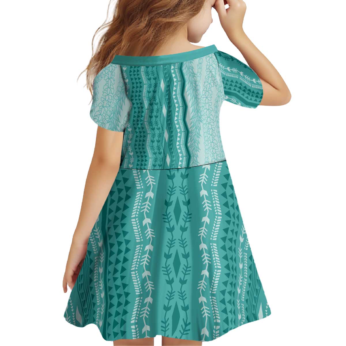 Vintage Teal Hawaiian Traditional Kapa Mix Flowers Lei Kid Short Sleeve Dress