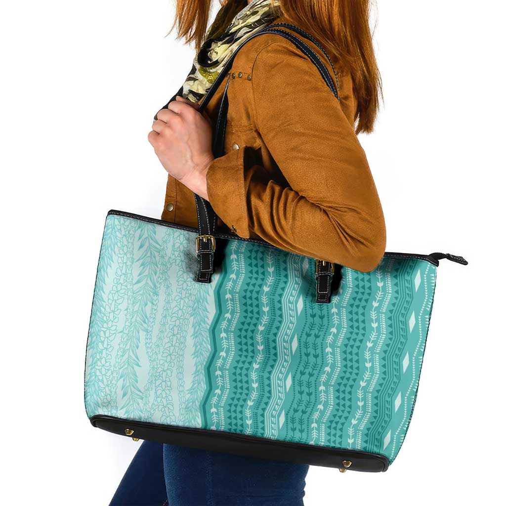 Vintage Teal Hawaiian Traditional Kapa Mix Flowers Lei Leather Tote Bag LT7 Teal - Polynesian Pride
