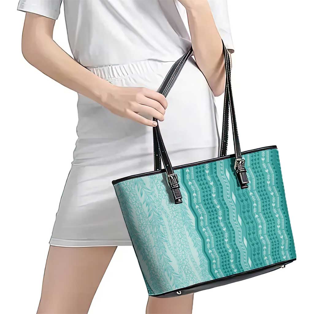 Vintage Teal Hawaiian Traditional Kapa Mix Flowers Lei Leather Tote Bag LT7 - Polynesian Pride
