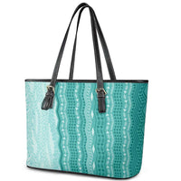 Vintage Teal Hawaiian Traditional Kapa Mix Flowers Lei Leather Tote Bag LT7 - Polynesian Pride
