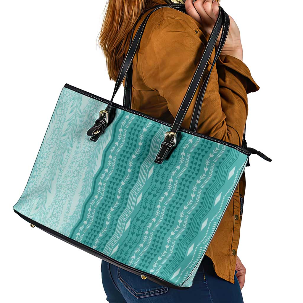 Vintage Teal Hawaiian Traditional Kapa Mix Flowers Lei Leather Tote Bag LT7 - Polynesian Pride