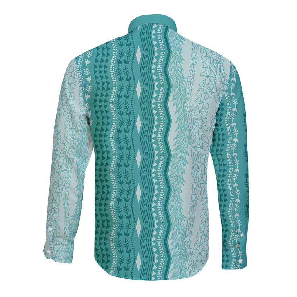 Vintage Teal Hawaiian Traditional Kapa Mix Flowers Lei Long Sleeve Button Shirt LT7 - Polynesian Pride