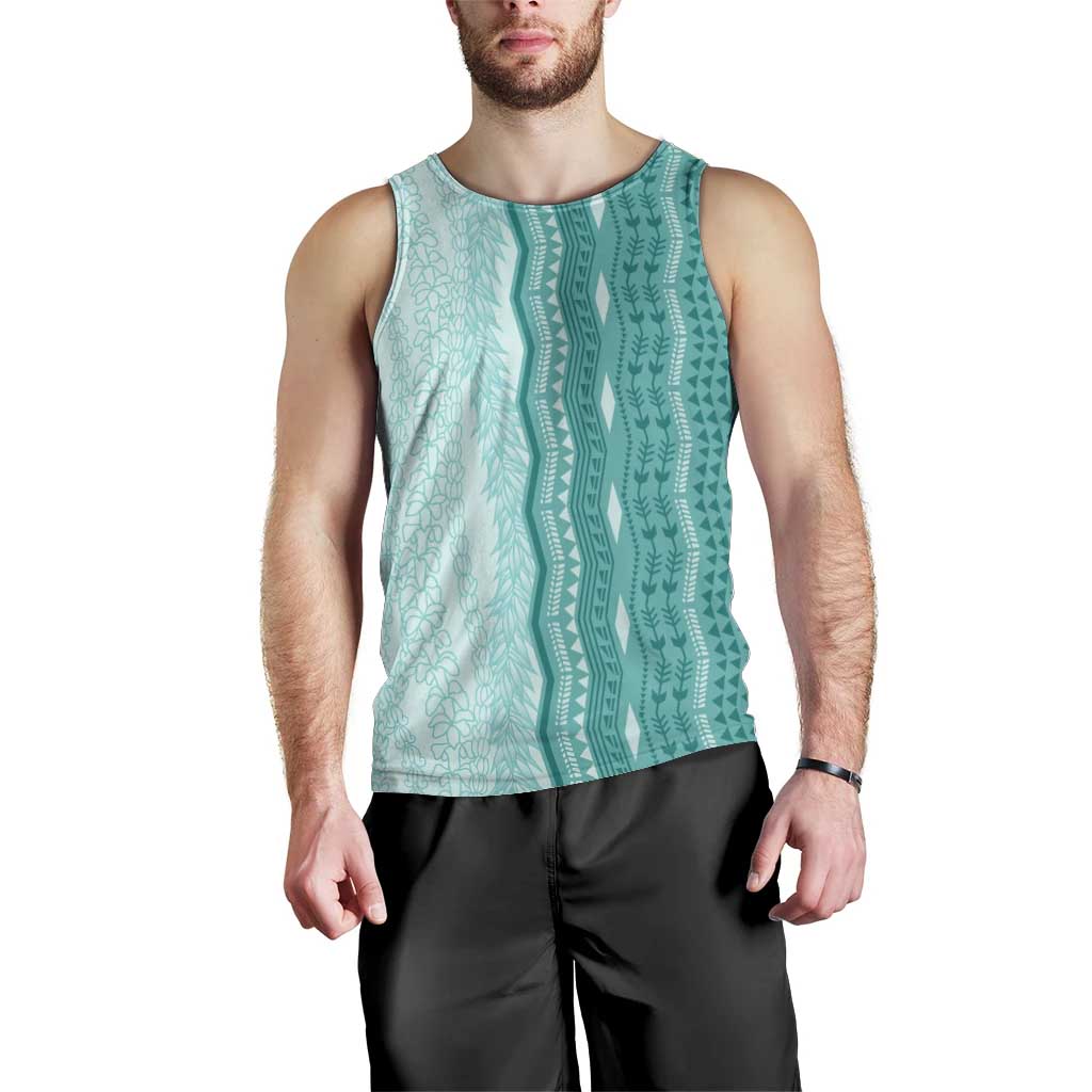 Vintage Teal Hawaiian Traditional Kapa Mix Flowers Lei Men Tank Top