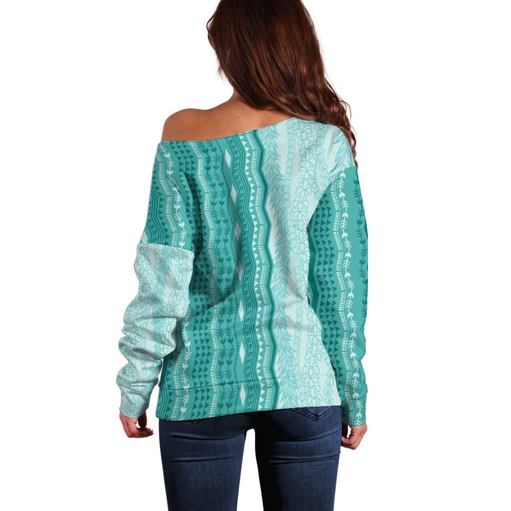 Vintage Teal Hawaiian Traditional Kapa Mix Flowers Lei Off Shoulder Sweater LT7 - Polynesian Pride