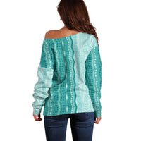 Vintage Teal Hawaiian Traditional Kapa Mix Flowers Lei Off Shoulder Sweater LT7 - Polynesian Pride