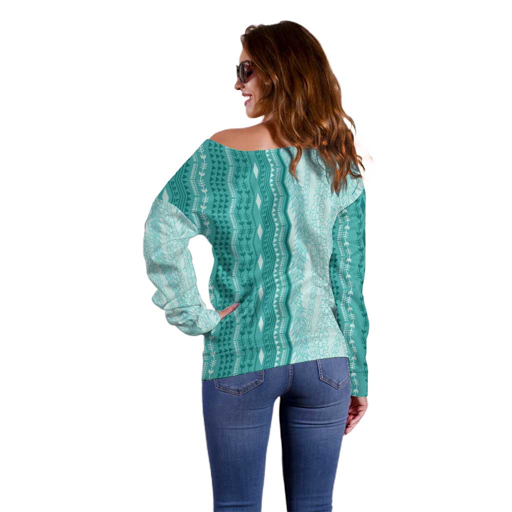 Vintage Teal Hawaiian Traditional Kapa Mix Flowers Lei Off Shoulder Sweater LT7 - Polynesian Pride